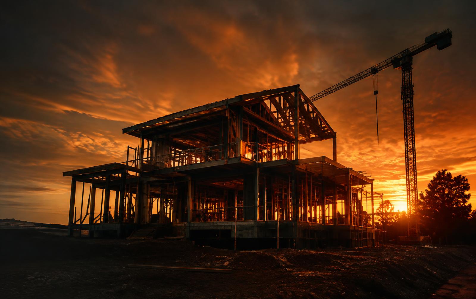 Home under construction at sunset